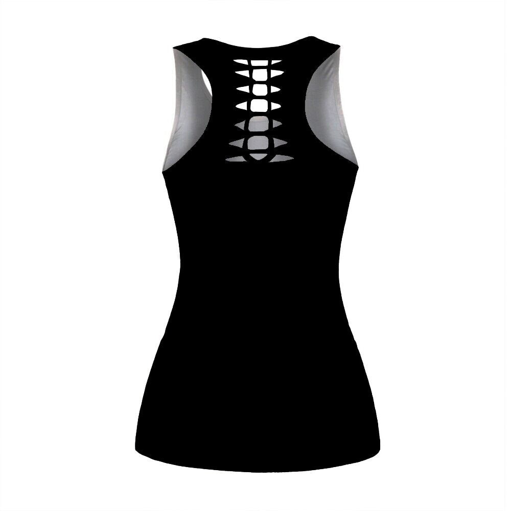 Back view of a black sleeveless tank top featuring a stylish hollow-out design, perfect for rock concerts and casual outings.