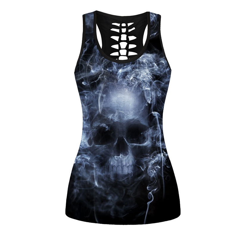 Rock style women's sleeveless tank top featuring a blue skull and smoky black background, perfect for concerts.