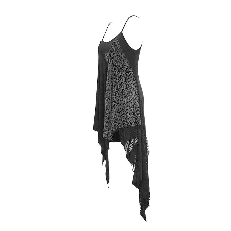 Women's black asymmetrical gothic dress with stylish torn inserts and unique spliced design.