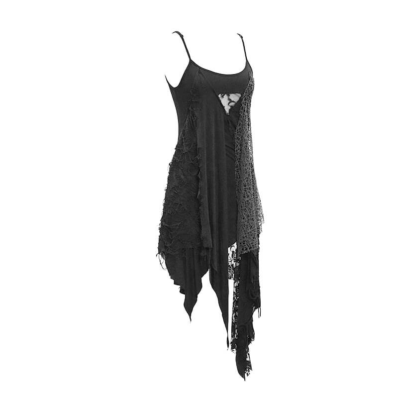 Women's gothic asymmetric black dress with ripped details, casual sleeveless style, perfect for a bold look.