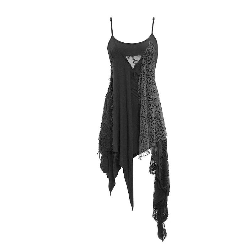Stylish women's black asymmetrical dress with ripped details, perfect for gothic casual wear.