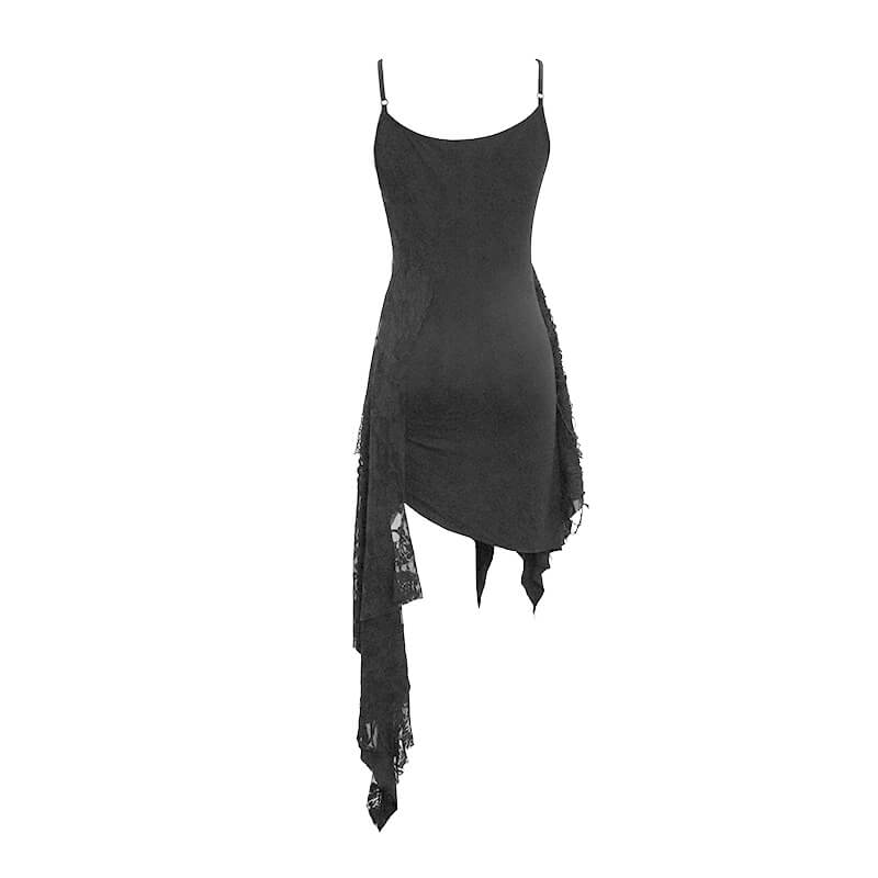 Women's black asymmetric ripped dress with lace detailing, perfect for gothic style enthusiasts.