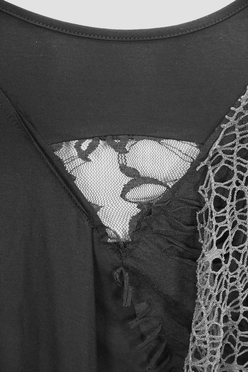 Close-up of the gothic women's black asymmetric dress showcasing unique lace and mesh details.