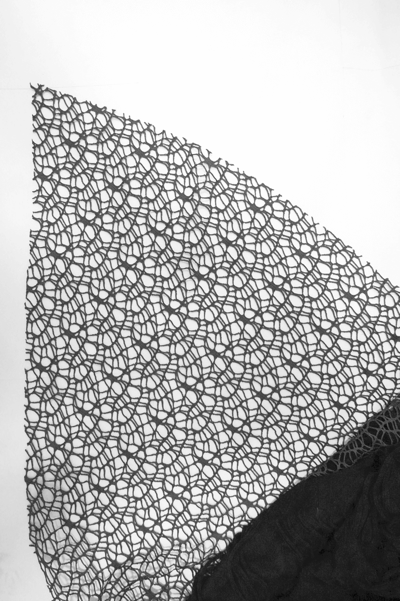 Detailed black lace fabric featuring an intricate web-like pattern, perfect for gothic-style fashion.