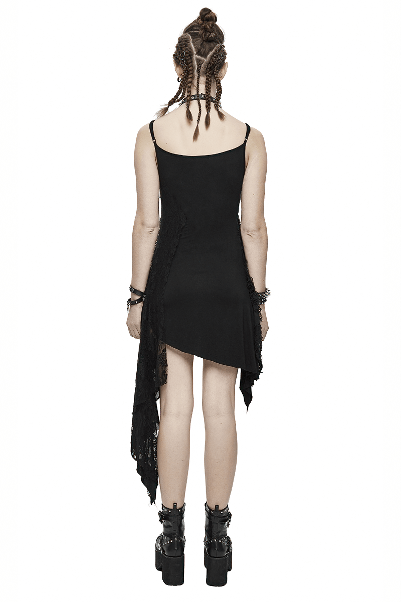 Back view of a gothic women's black asymmetrical dress with ripped details, showcasing a trendy casual style.