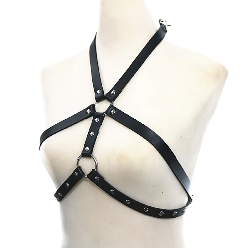Women's sexy gothic leather bra harness with silver rivets, showcasing a bold and edgy fashion statement.