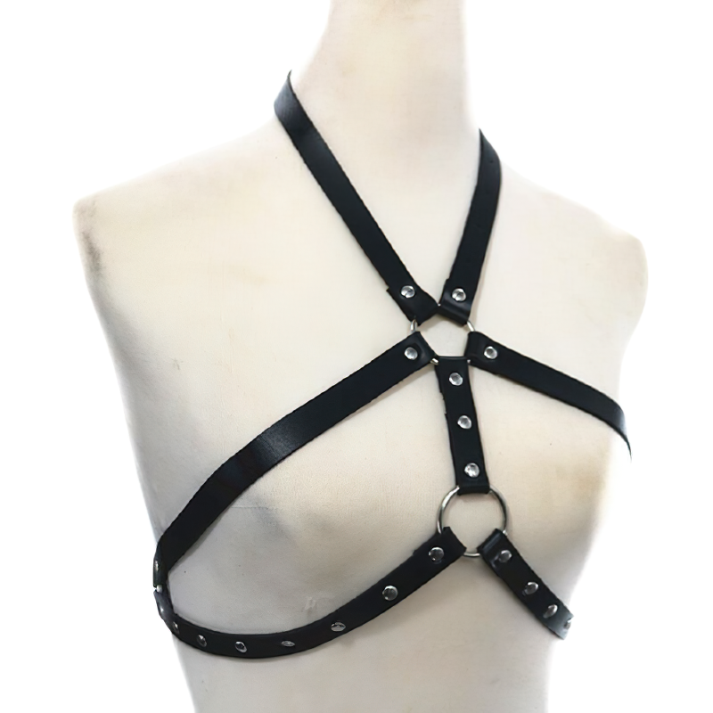 Women's sexy gothic leather harness bra with silver rivets, perfect for a bold, edgy fashion statement.