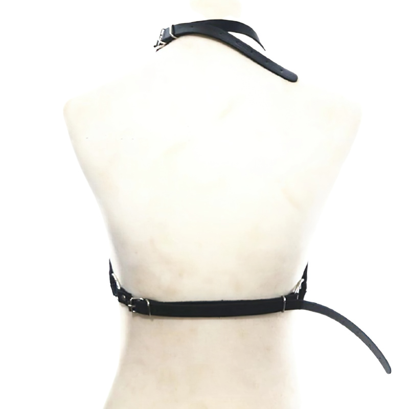 Back view of a women's gothic leather harness bra showcasing sleek black straps and silver details.