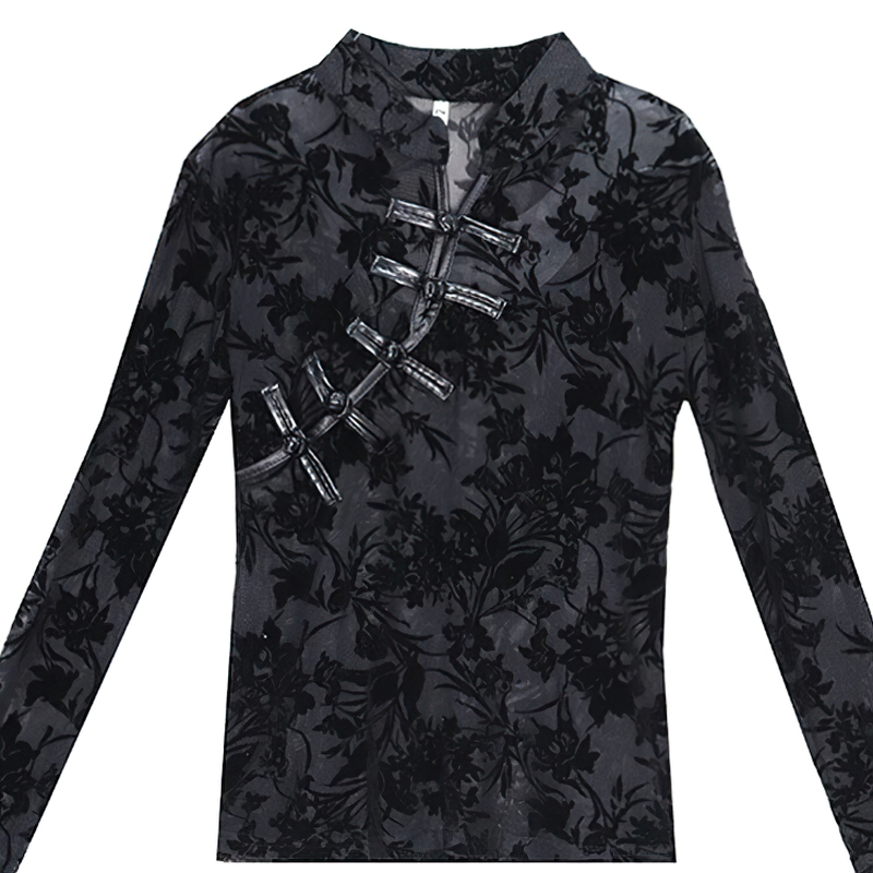 Women's long-sleeved black blouse with floral embroidery and asymmetrical side decor, perfect for casual chic style.