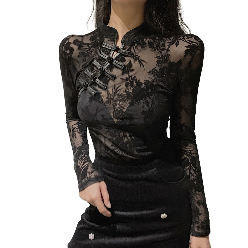 Long-sleeved women's blouse with floral lace design and asymmetrical decor for a chic, elegant look.