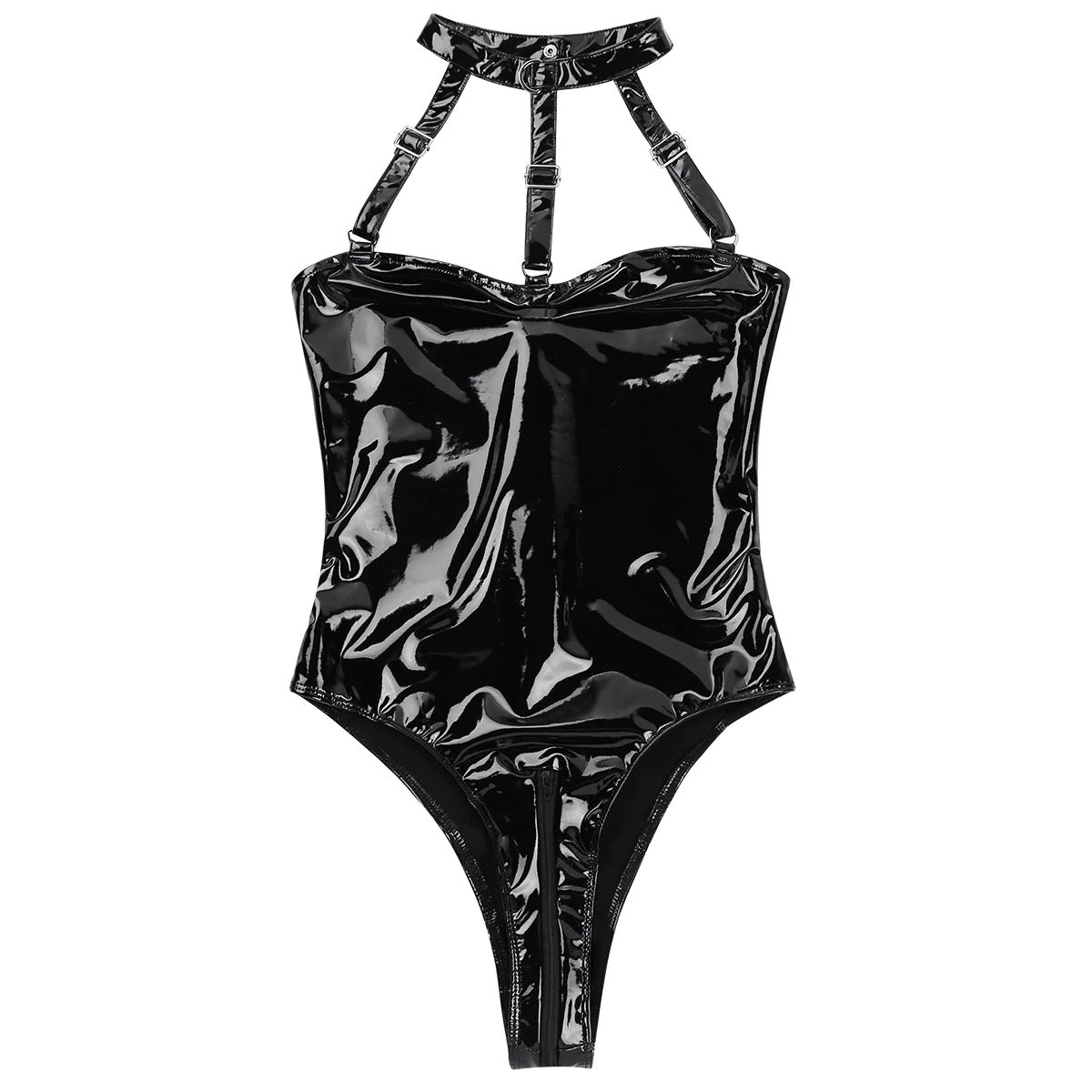 Women's sexy plus size patent leather bodysuit with open bust and straps, perfect for bold looks.