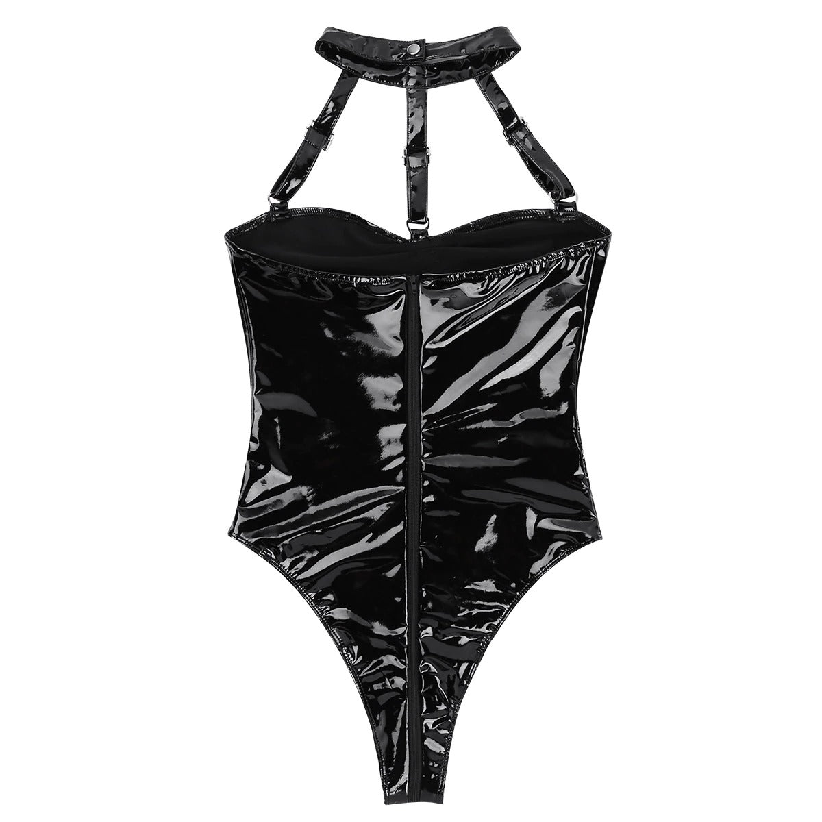 Women's sexy black patent leather strappy bodysuit, designed for plus size with an open bust and comfortable fit.