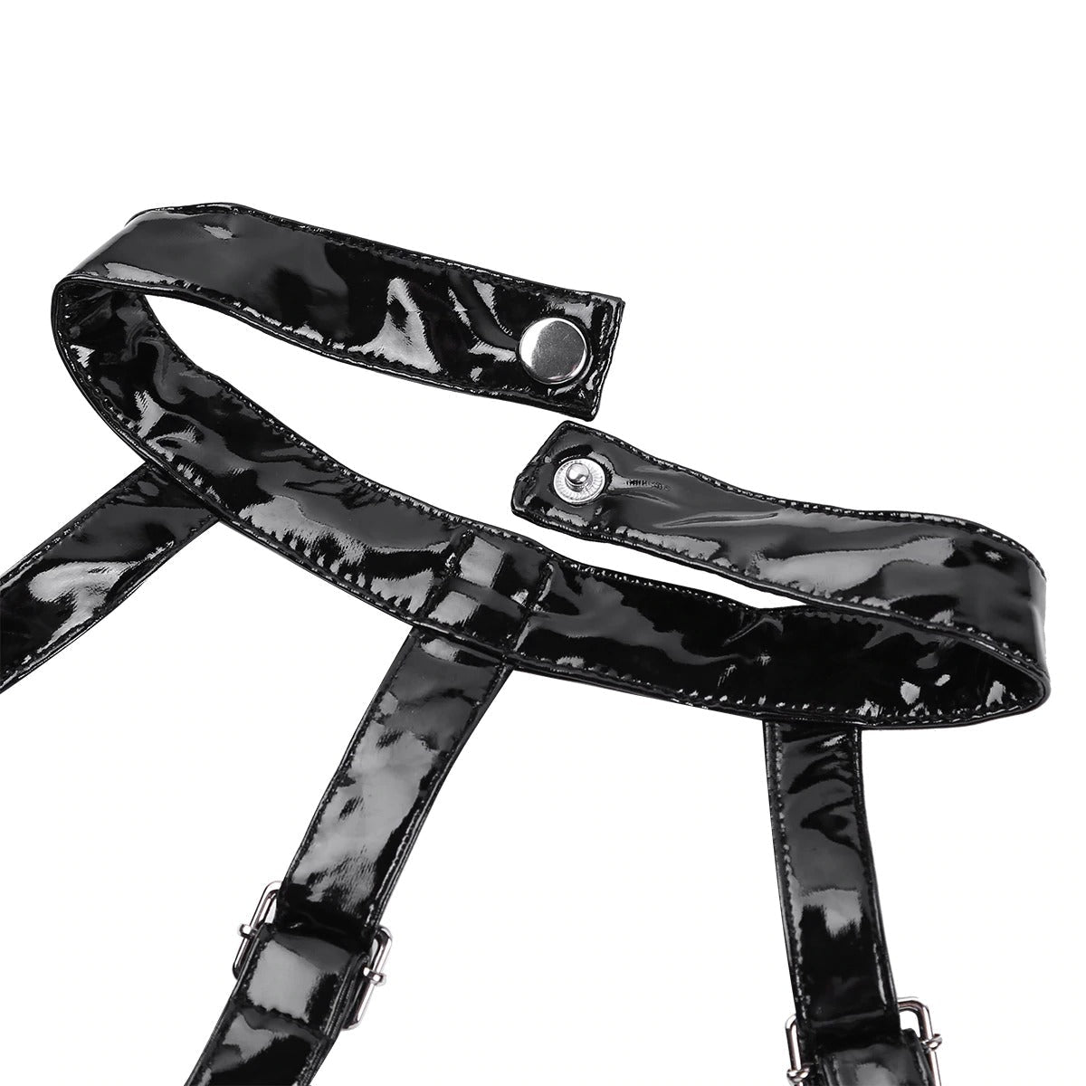 Close-up of shiny black patent leather straps for women's bodystocking rompers.