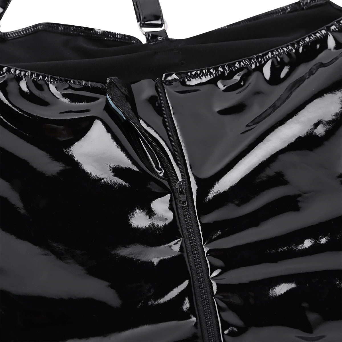 Close-up of Women's Wetlook Patent Leather Bodysuit showing shiny black fabric and zipper detail.