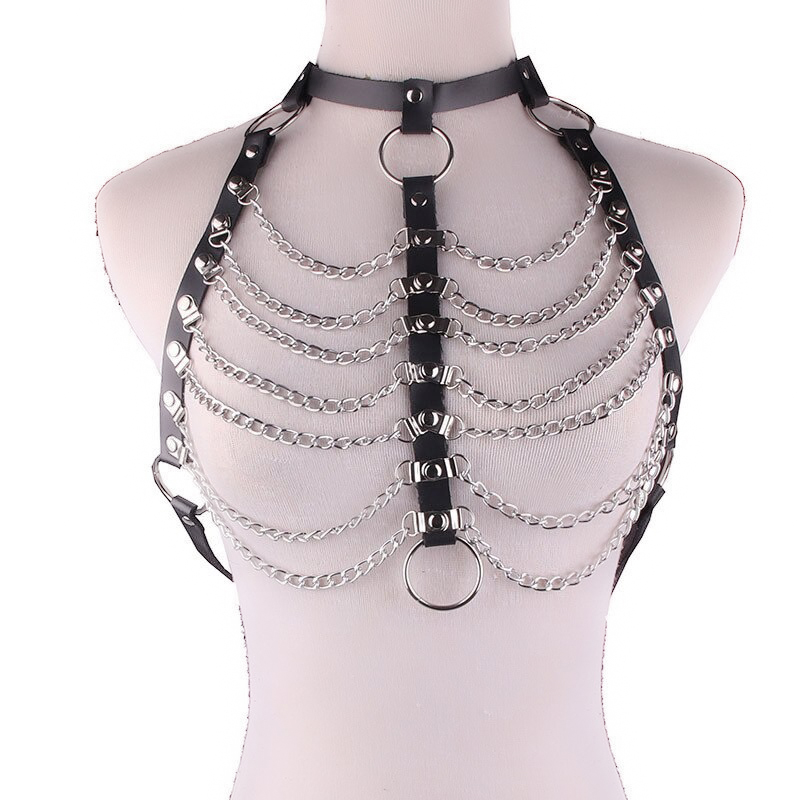 Stylish women's hollow out PU strap necklace body harness with chains and metal rings, perfect for alternative fashion.