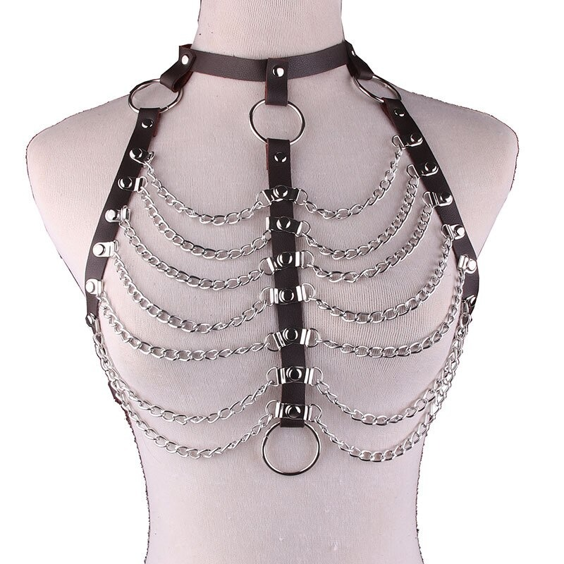 Women's sexy hollow out PU strap necklace harness with chains and rings, ideal for alternative fashion and dance performances.