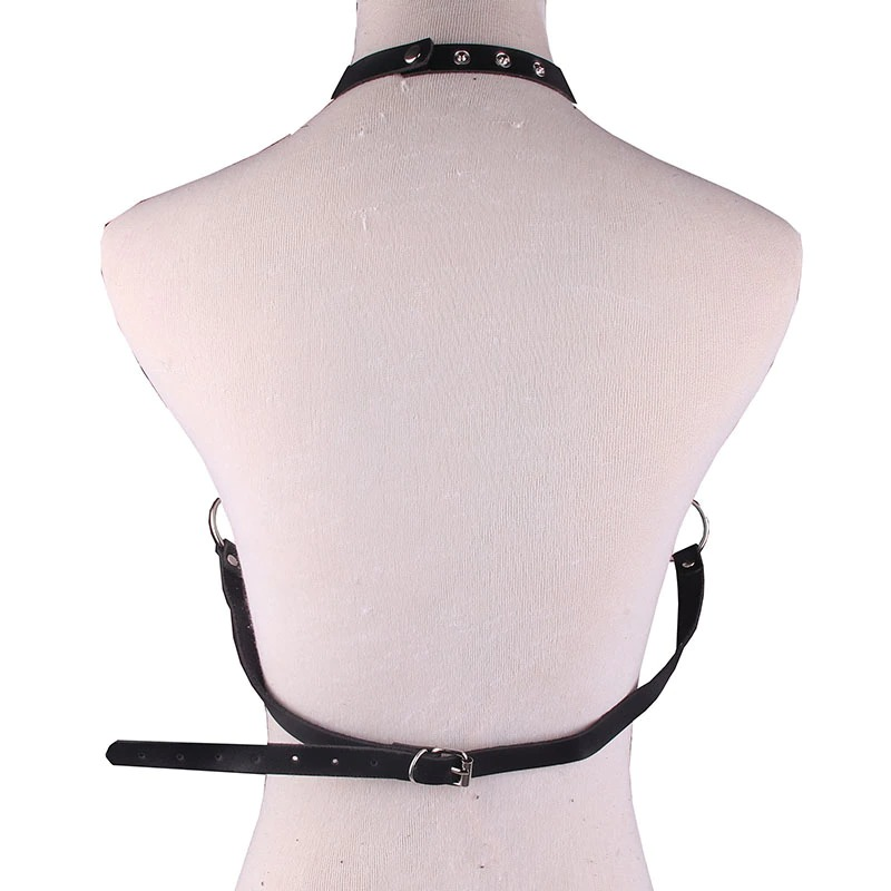 Back view of Women's Sexy Hollow Out PU Strap Necklace Body Harness with chic chains and metal rings.