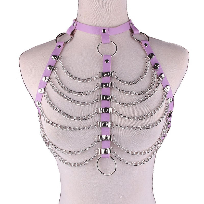 Women's purple hollow out PU strap necklace harness with chains and metal rings, perfect for gothic fashion and dance performances.
