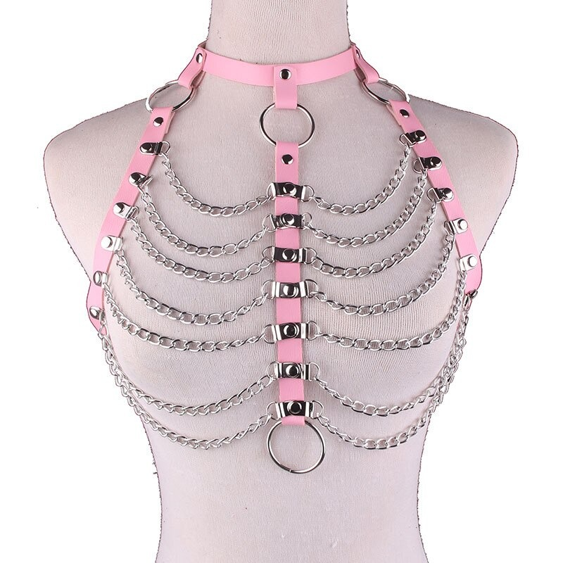 Stylish women's hollow out PU strap necklace harness in pink with chains and metal rings for gothic looks