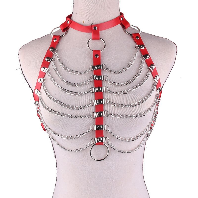 Women's sexy red PU strap harness with chains and metal rings, perfect for alternative fashion and gothic accessories.