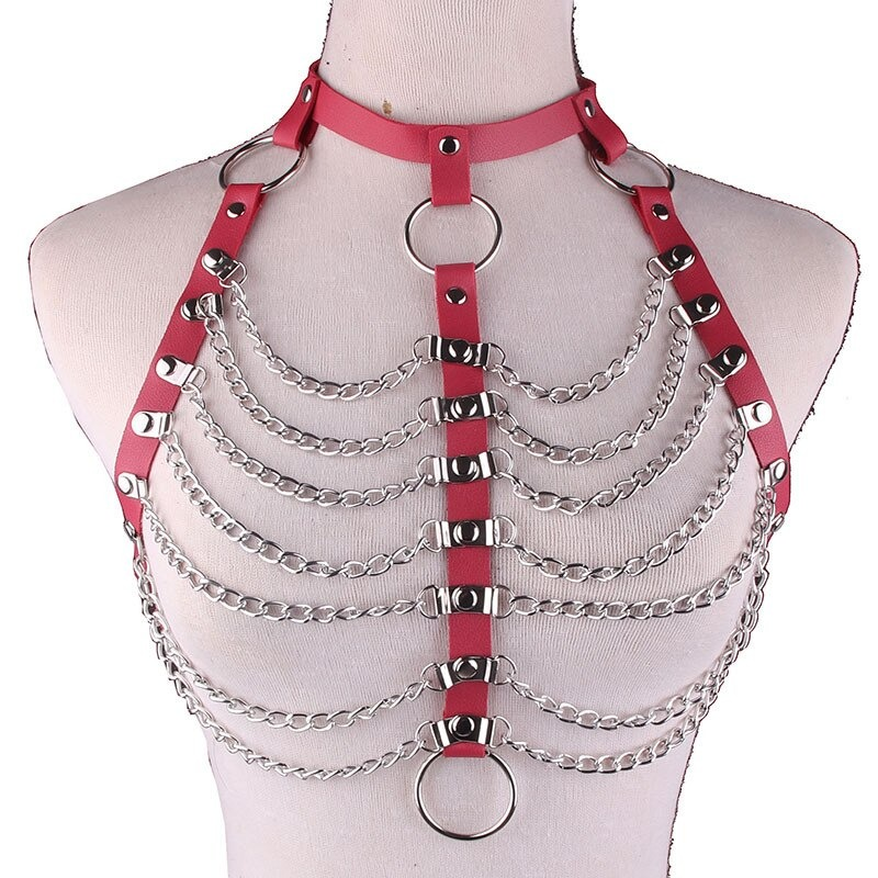 Women's sexy hollow out PU strap necklace body harness with chains and rings, perfect for alternative fashion accessories.