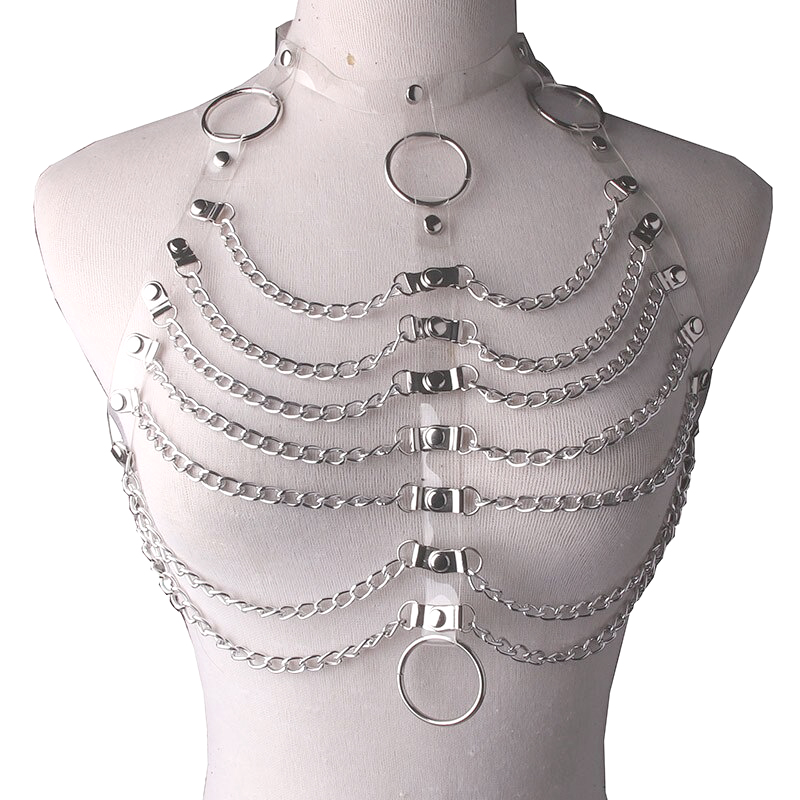 Women's sexy hollow out PU strap body harness with chains and metal rings for alternative fashion.