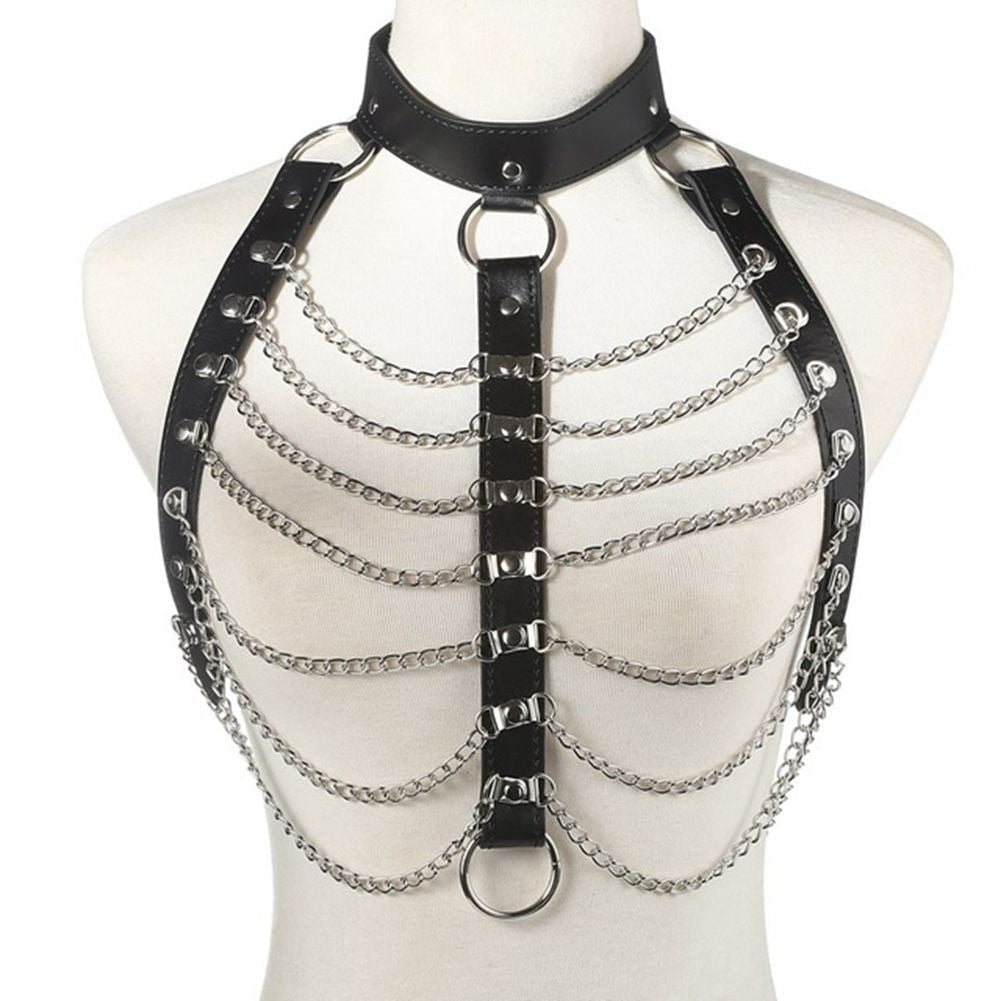 Women's PU leather body harness with chains and metal rings, perfect for gothic or alternative fashion styles.