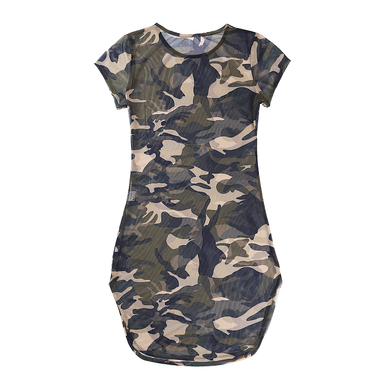 Women's sexy camouflage mini dress featuring a military-style design and O-neckline, perfect for evening parties.