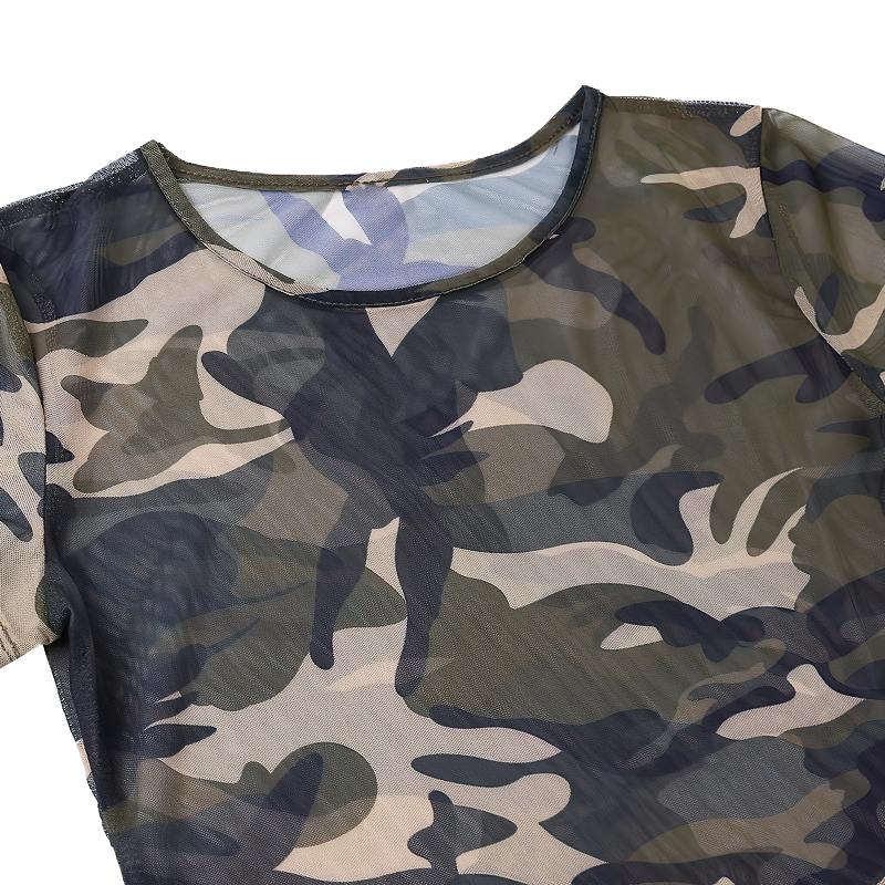 Close-up of women's sexy camouflage dress featuring O-neck and military-style design in stylish colors.