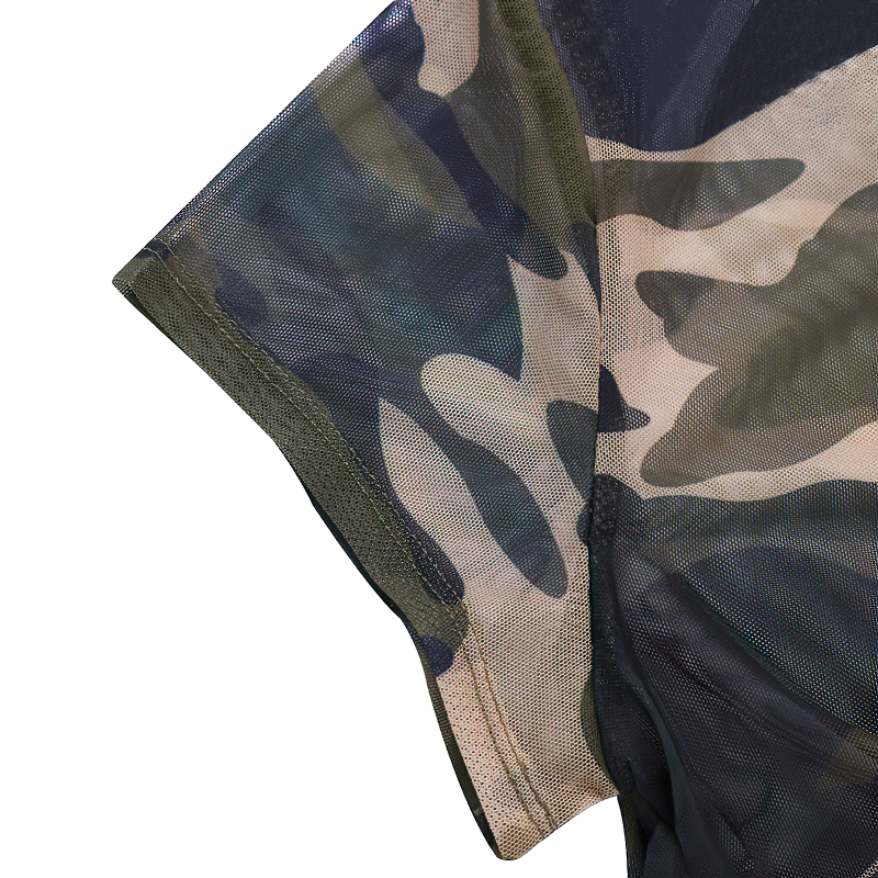 Close-up of women's sexy camouflage dress sleeve, showcasing mesh fabric and military-style pattern.