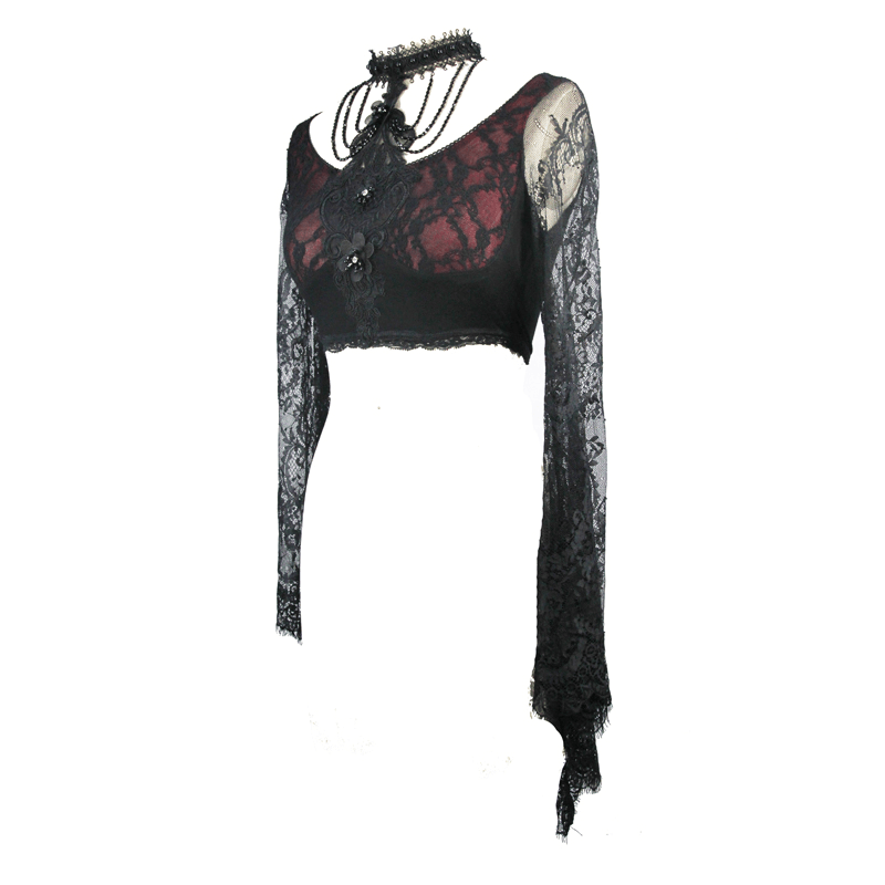 Stylish women's sexy lace crop top with long transparent lace sleeves in elegant gothic design.