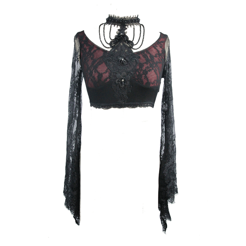 Women's Sexy Lace Crop Top / Short Top with Long Transparent Lace Sleeves - HARD'N'HEAVY