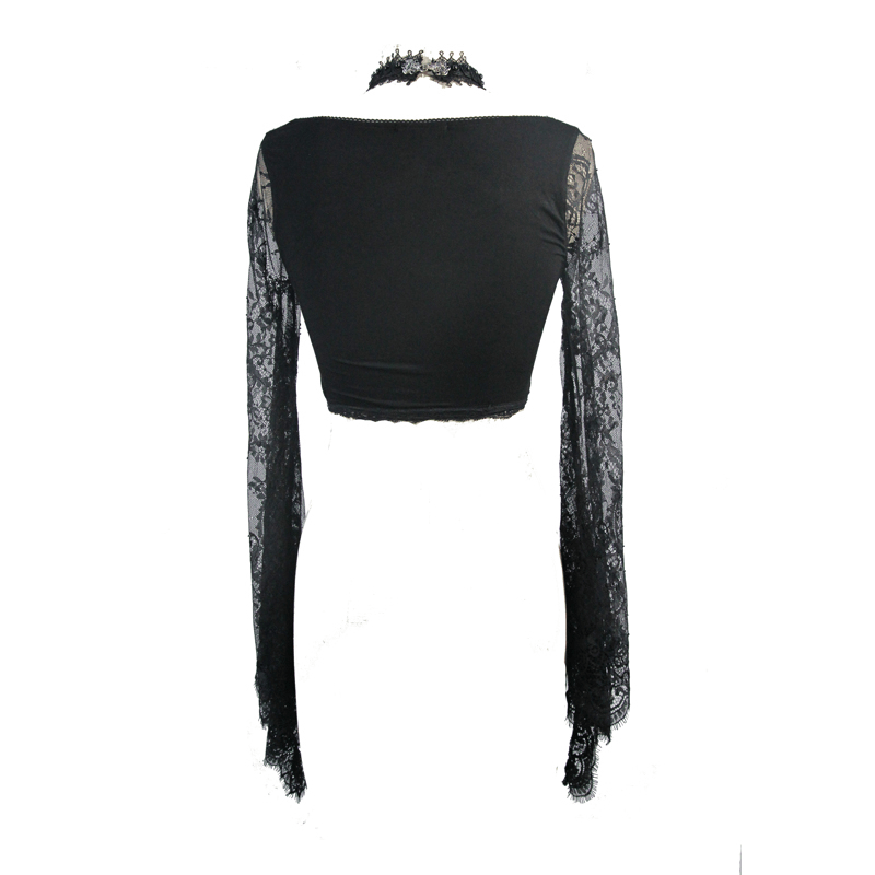 Elegant women's black lace crop top with long transparent lace sleeves, perfect for a gothic style wardrobe.