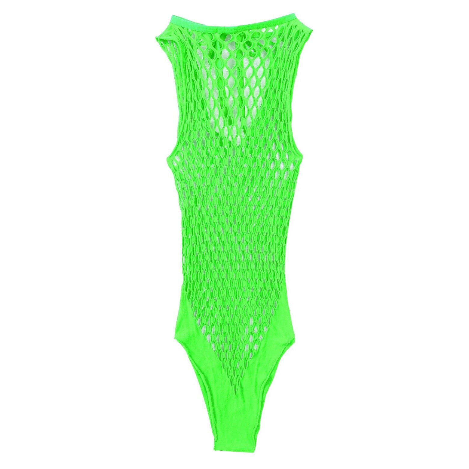 Trendy women's neon green hollow out netted bodysuit, perfect for sports, dancing, and swimming.