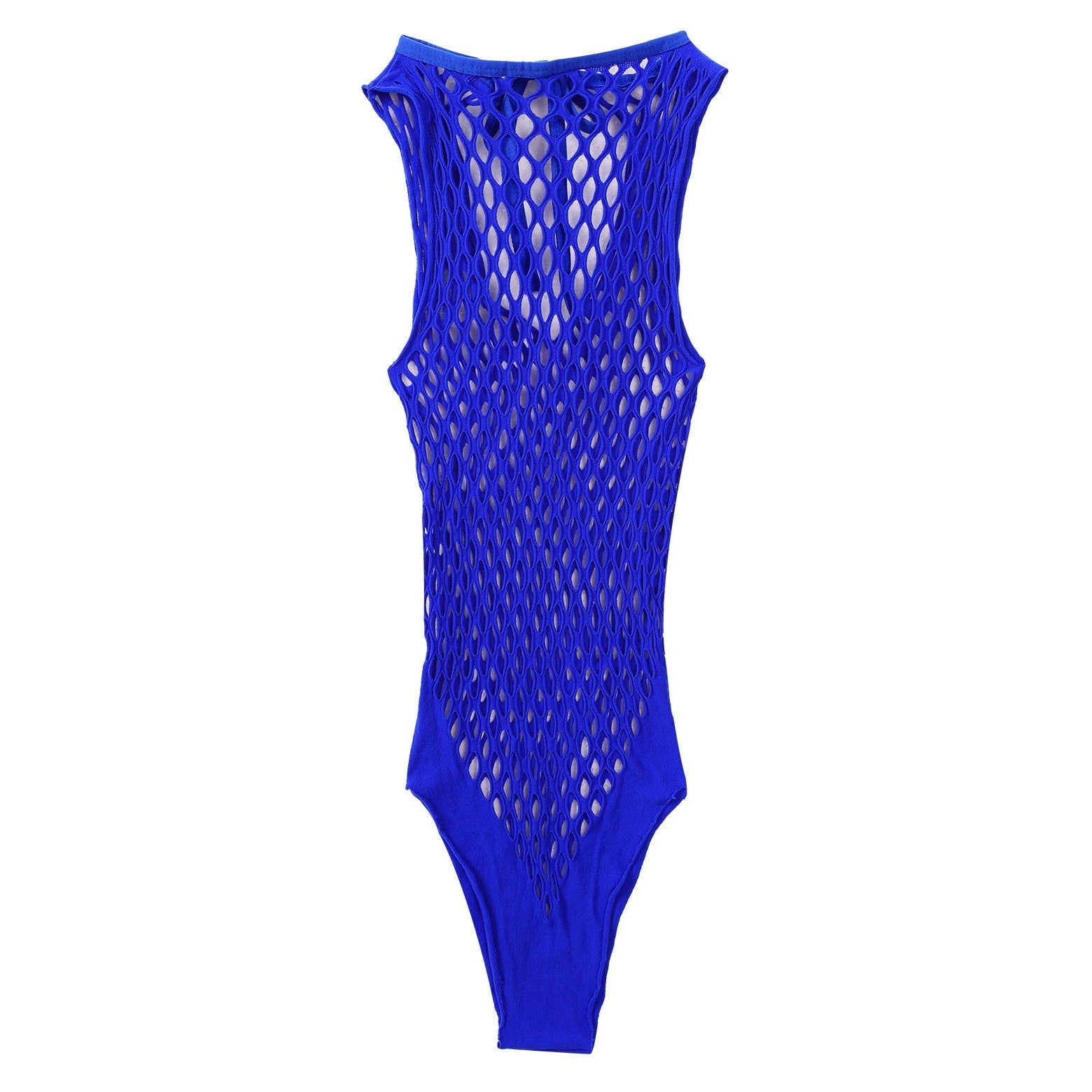 Stylish women's see-through blue netted bodysuit, perfect for sports, swimming, or dancing, made from comfortable nylon.