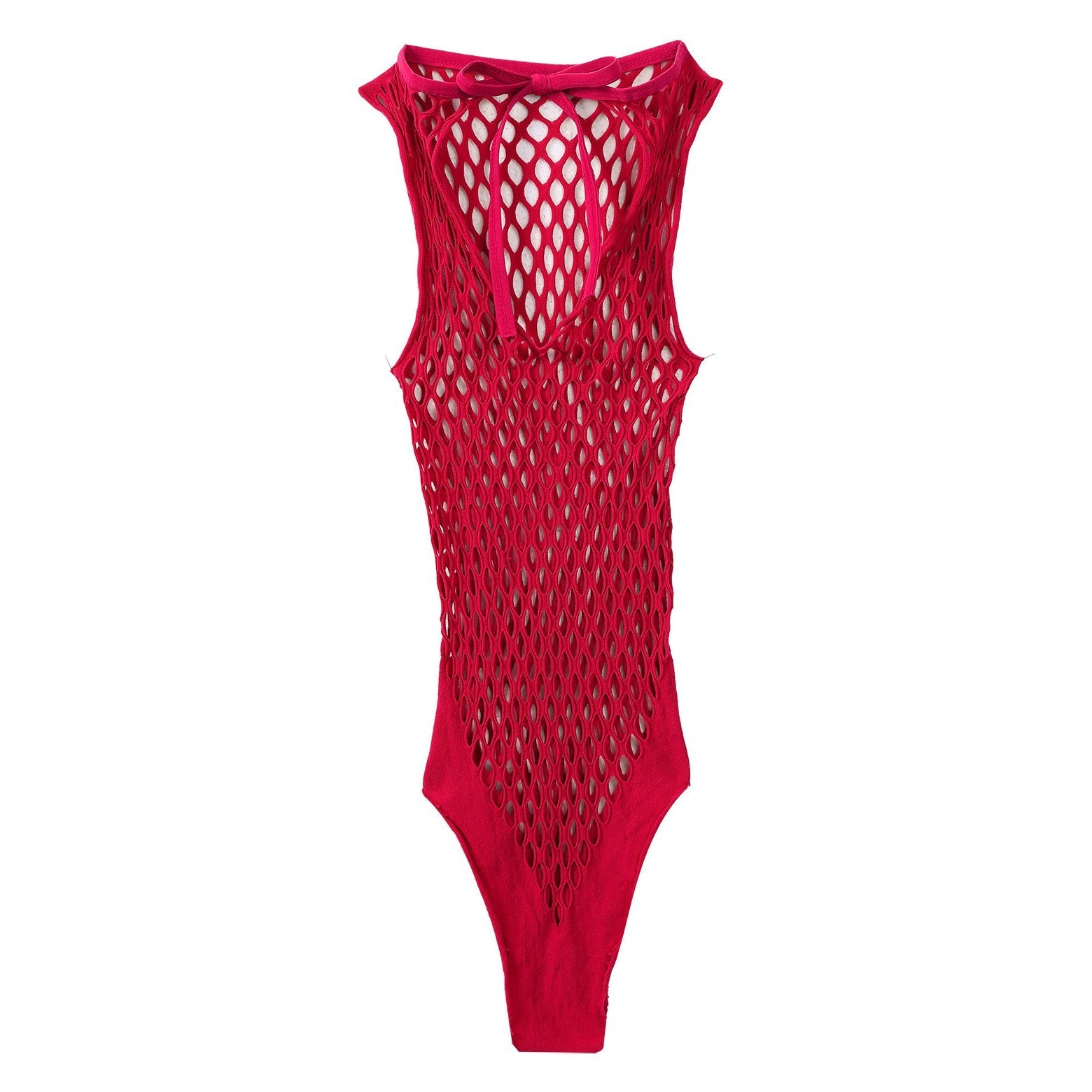 Trendy women's red hollow out netted bodysuit perfect for swimming, dancing, and sports.
