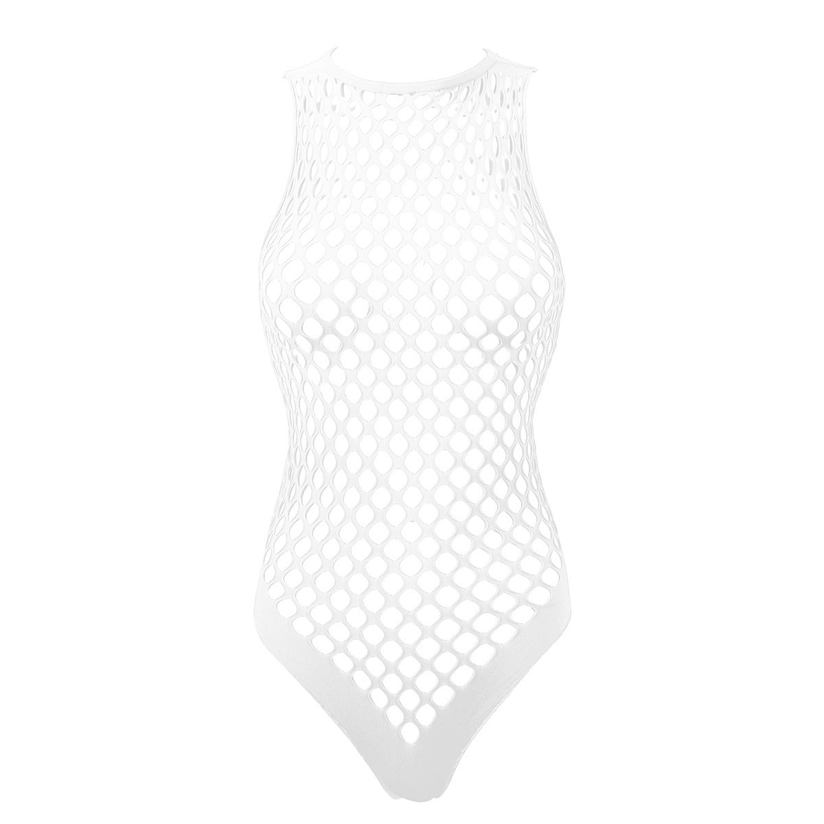 White women’s one-piece hollow out netted bodysuit, perfect for swimming, dancing, or sports.