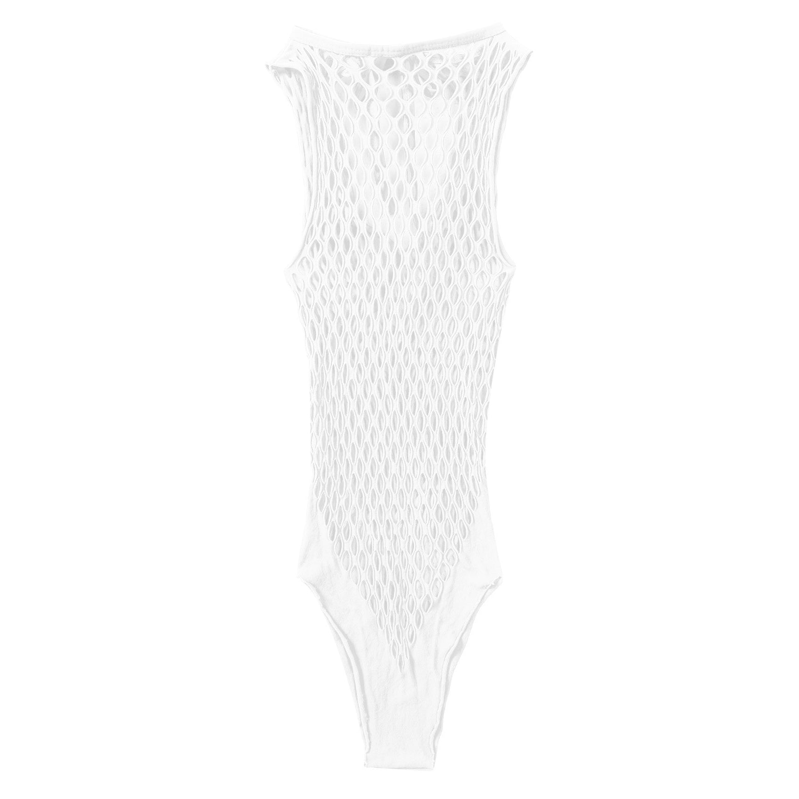 Women's sexy white one-piece netted bodysuit, perfect for trendy looks and comfortable wear in various settings.