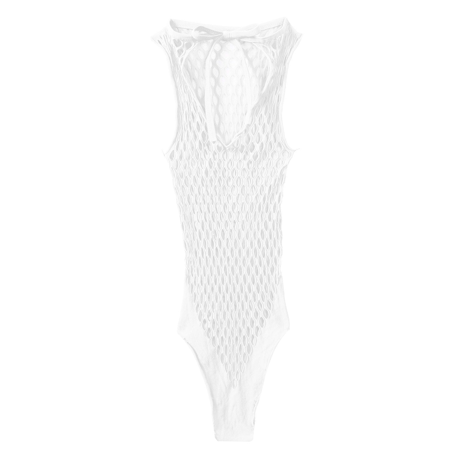 Stylish women's see-through hollow out netted bodysuit in white, perfect for dancing, swimming, and sporty outings.