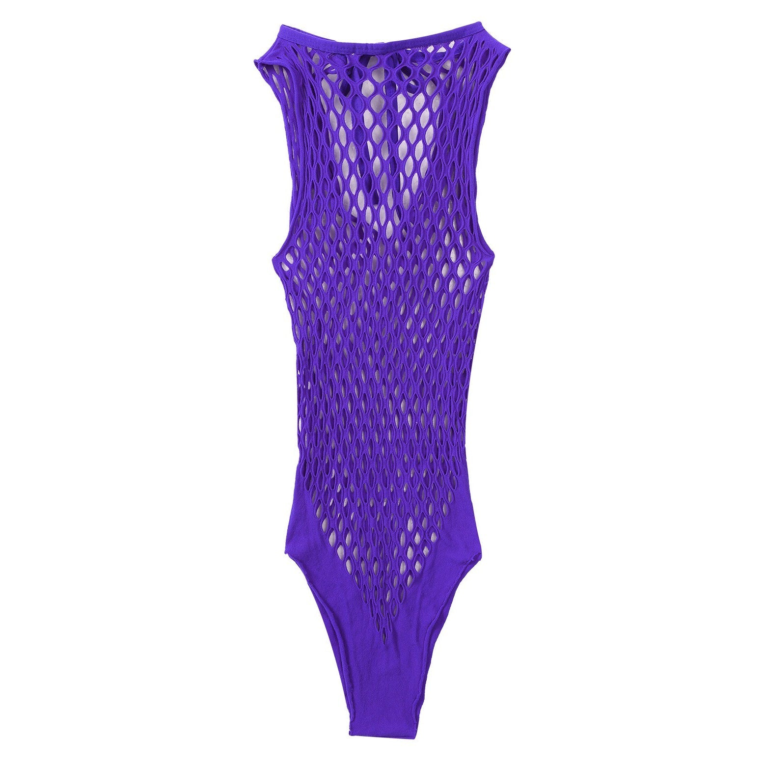 Purple see-through netted bodysuit for women's sexy fashion, perfect for dance, swim, or sports activities.