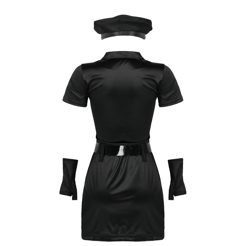 Sleek women's sexy police officer costume featuring a mini dress, hat, cuffs, and belt for cosplay or photoshoot fun.