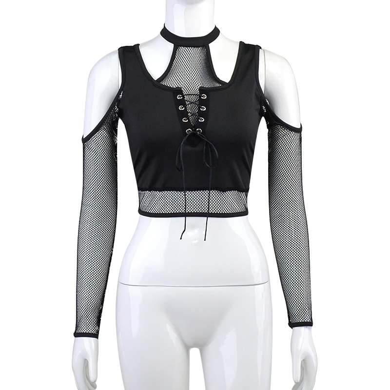 Women's Sexy Rock Style Crop Top With Mesh Sleeves / Cut Out Alternative Dark Clothing - HARD'N'HEAVY