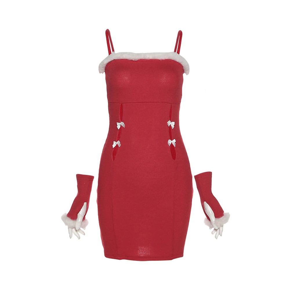 Red sleeveless Christmas dress with fur trim, fitted style, perfect for holiday parties and festive occasions.