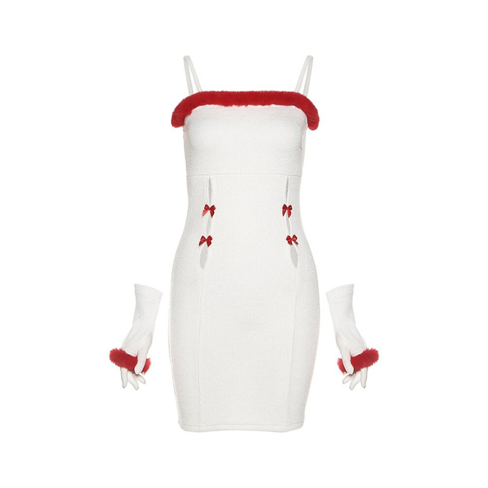 Women's sexy short Christmas dress with fur accents and gloves, perfect for festive parties.