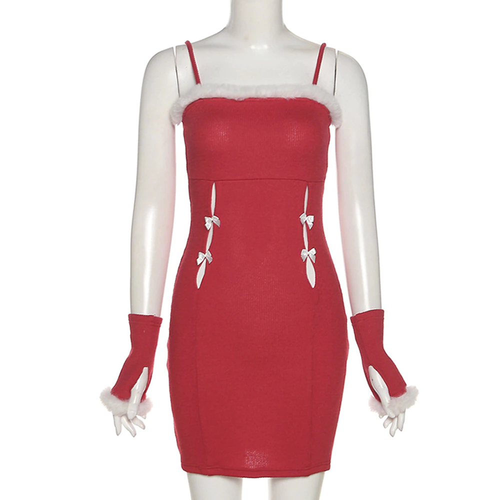 Stylish women's sexy short red Christmas dress with fur trim and matching gloves for a festive look.