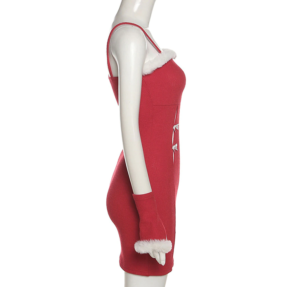 Side view of a women's sexy short Christmas dress with fur inserts and sleeves, perfect for festive parties.