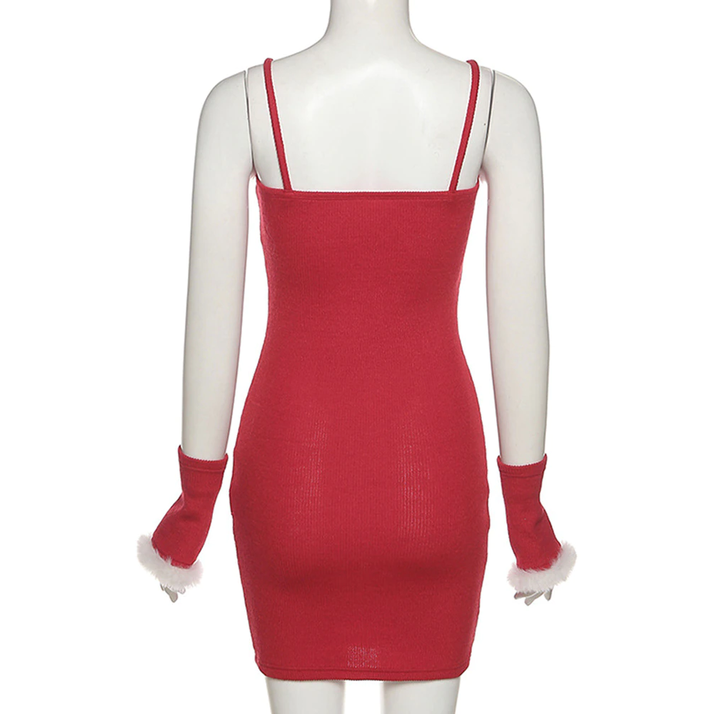 Back view of a sexy red Christmas dress with fur trim sleeves, showcasing a form-fitting design perfect for festive occasions.