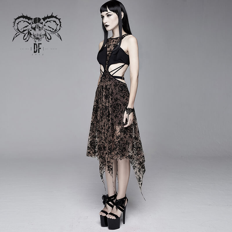 Women's Sexy Sleeveless Vintage Pattern Irregular Dress / Gothic Dress With Metal Hearts on Straps - HARD'N'HEAVY