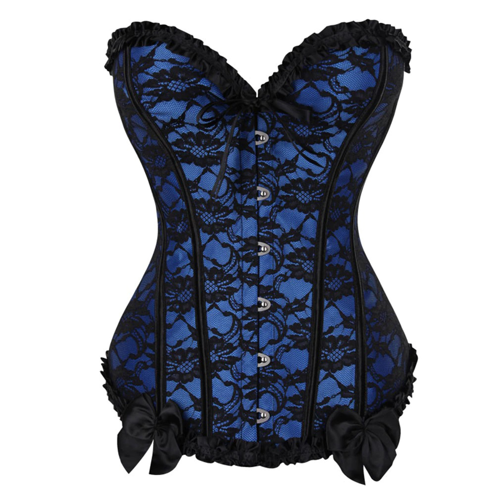 Elegant blue lace corset with black trim and bows, perfect for a gothic or steampunk-inspired look.