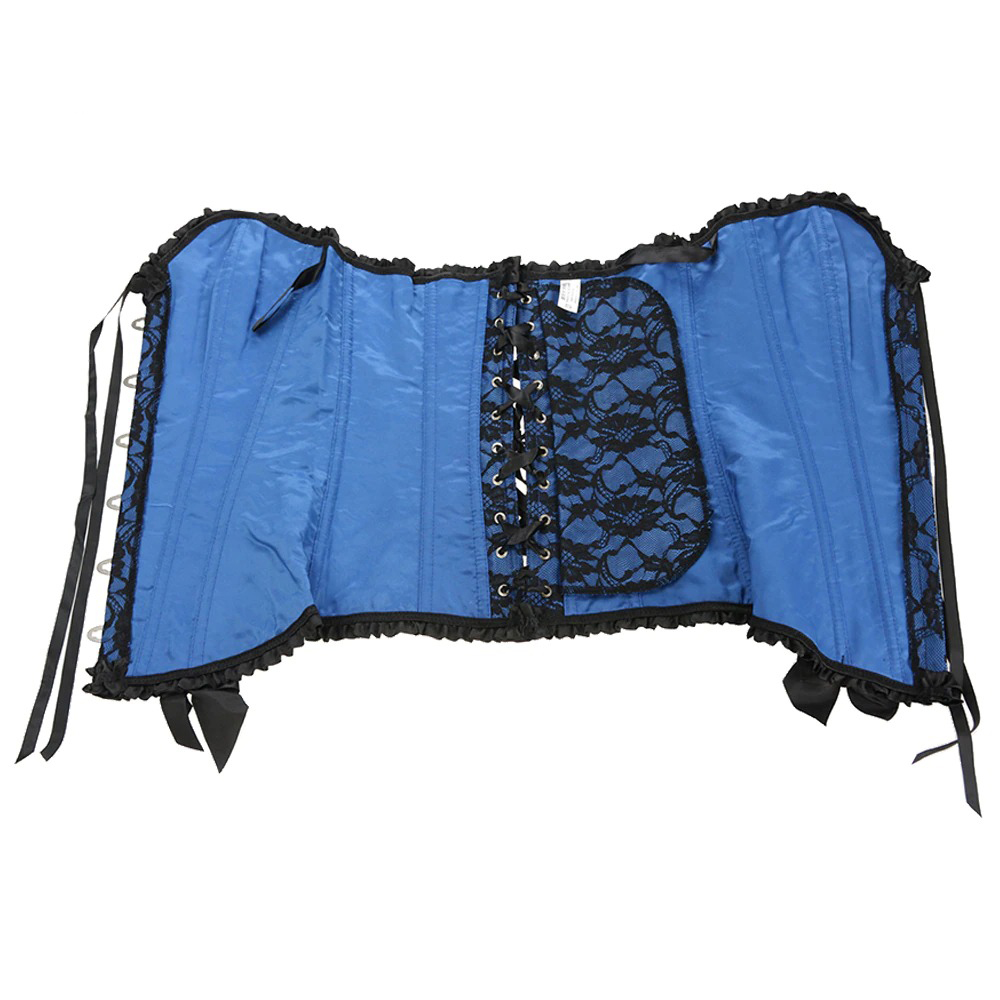 Blue steampunk backless corset with black lace detailing and ribbons, perfect for a gothic fashion statement.